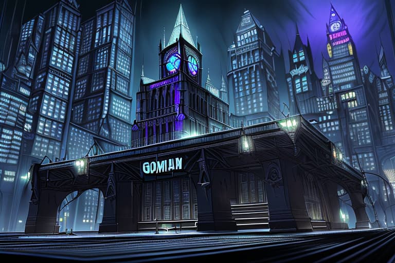  Generate a detailed road play mat of Gotham City, featuring: - Arkham Asylum - Gotham City Jail - Gotham City Bank - Wayne Manor - Wayne Enterprises headquarters - Gotham City Museum - Gotham City Police Station - Ace Chemicals plant - Iceberg Lounge (villains' nightclub) - Gotham General Hospital - Batcave (hidden entrance) Include roads, highways, and alleys connecting these locations. Add Gotham City's dark and gritty atmosphere, with gothic architecture and neon lights. Incorporate iconic landmarks like the Gotham City Clock Tower and the Bat-Signal shining bright in the night sky. Style: Dark, gritty, and gothic, inspired by the Batman franchise. Dimensions: A large, foldable road play mat, ideal for tabletop games and creative pla