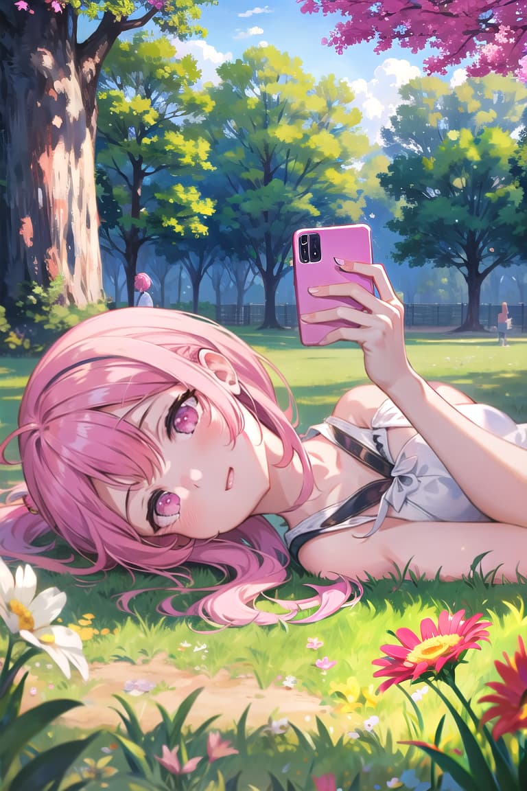  r 18, , middle , ,random situation, pink haired ,ponytail,large eyes,selfie in a park, picnic setup, sundress