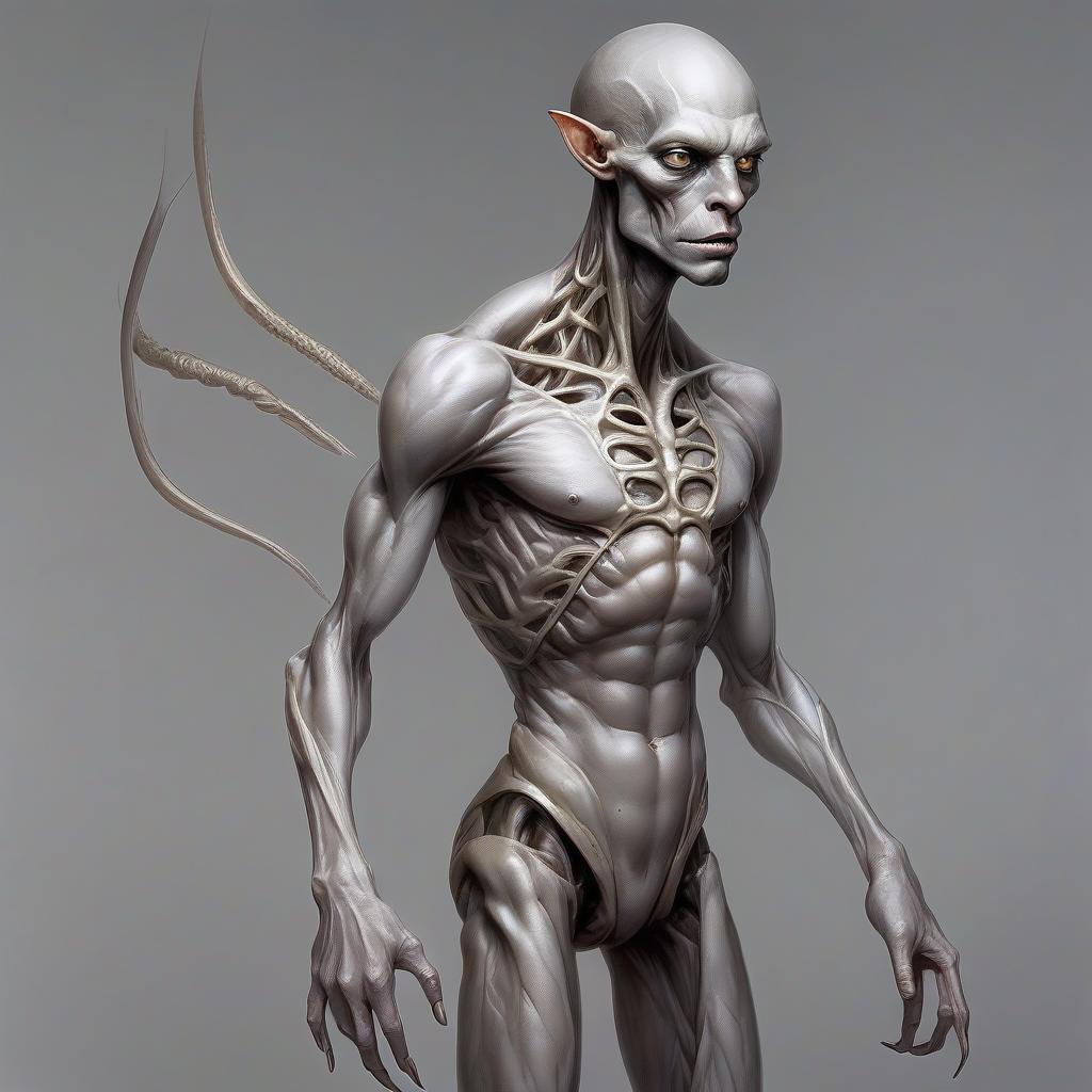  draw me a fantasy race. appearance: tall, about two meters in height, walking on two legs of the creature, with a poorly developed frontal lobe, a strong jaw, in shape similar to a human. the skin has a pale gray hue. they have a long neck. eight pupil eyes. hair grows around the cheeks. developed woven muscles make them strong and hardy creatures.