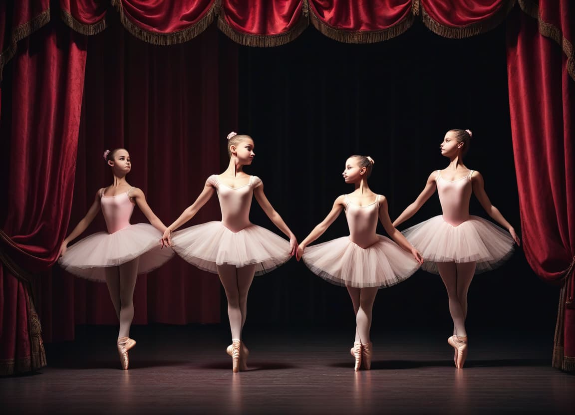  ballerinas miss the dark stage of the theater against the background of the red curtain