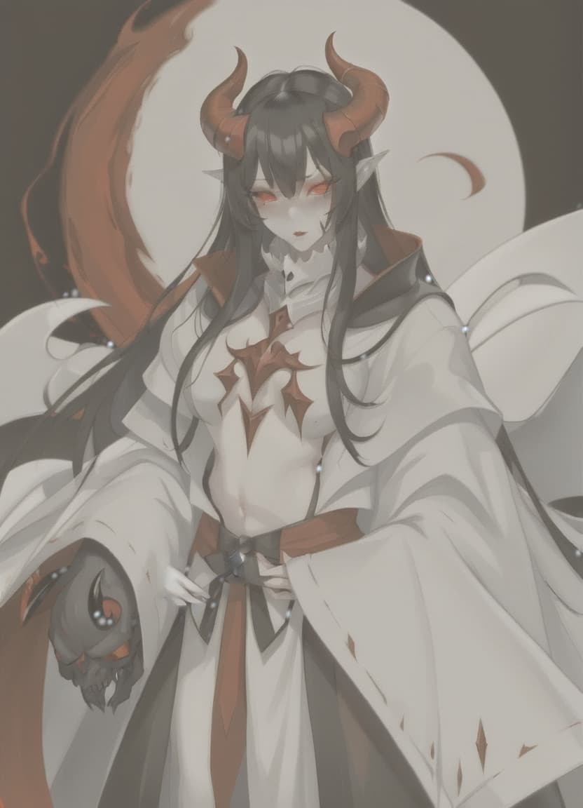  anime artwork demon woman, white skin, red eyes, black hair, white horns, black clothes . anime style, key visual, vibrant, studio anime, highly detailed, sticker