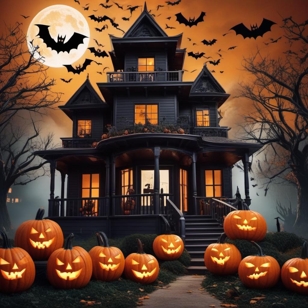  halloween hunted house with pumpkins , profile image style