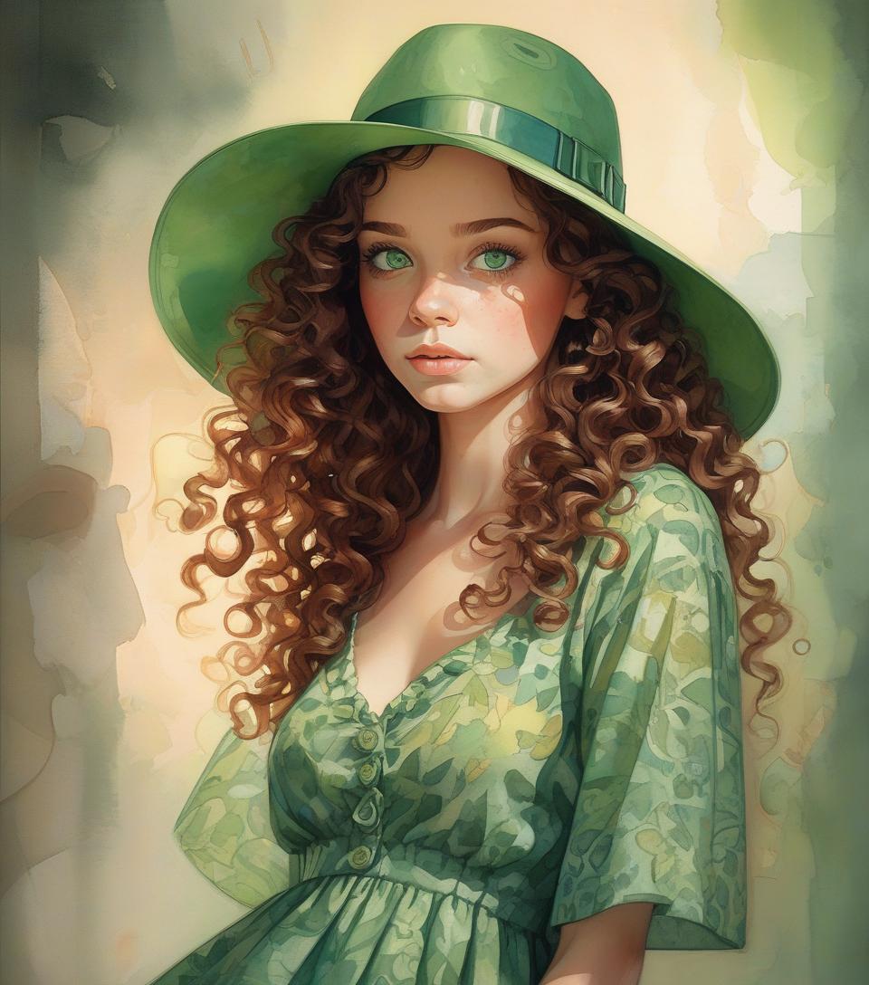  highly detailed, curly brown hair, green eyes, hat, printed dress, vivid colors, watercolor portrait, dramatic light, realistic, by alyssa monks, afarin sajedi, brian kesinger, thomas kinkade, pascal campion, craola.