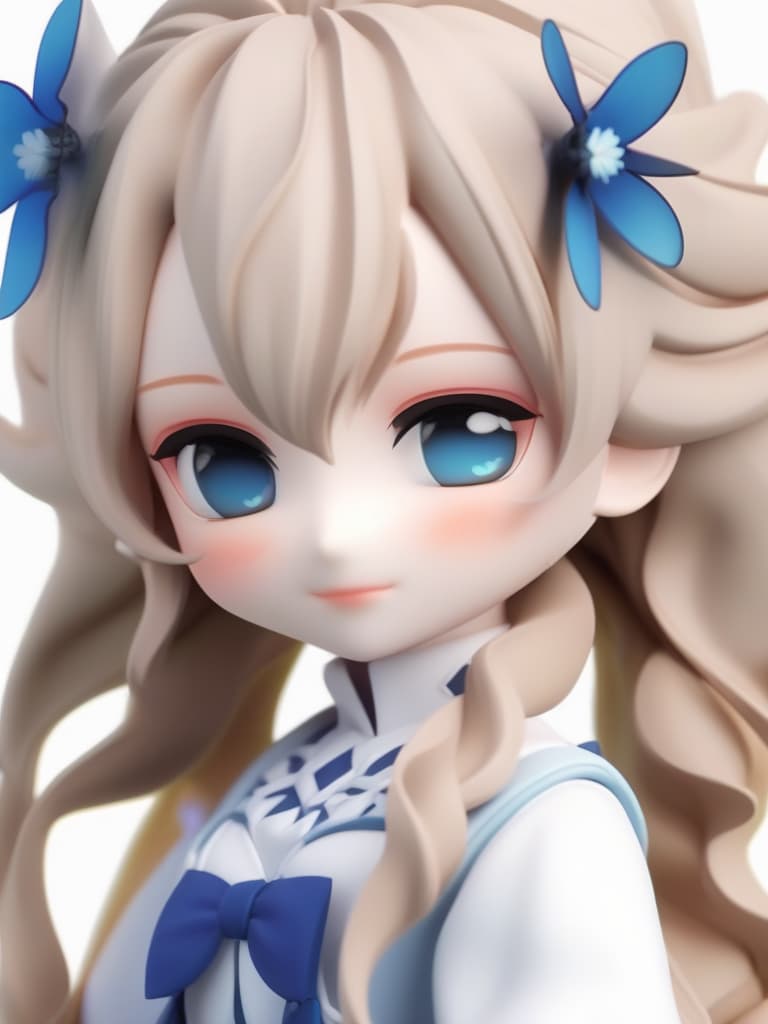  masterpiece,((( nendroid))),((( 3d))),{(((light beige hair color))),((( side braided hairstyle)))},blue eye color,smiling face,(((one nemophila in hand))),white gothic clothing,high quality,super resolution,16k