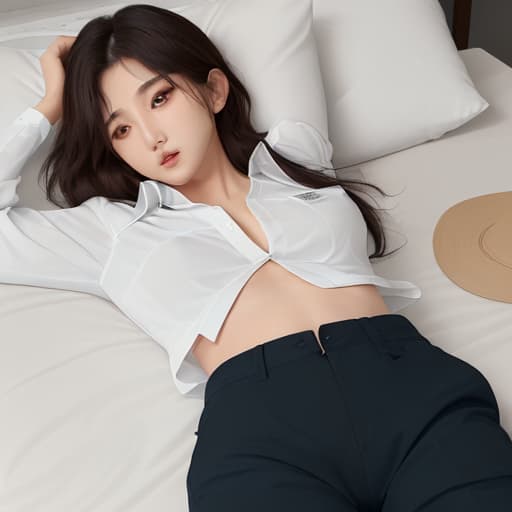  a 28 age weared shirt and pant. must her shirt ons opened and her opened and she lying on the pillows