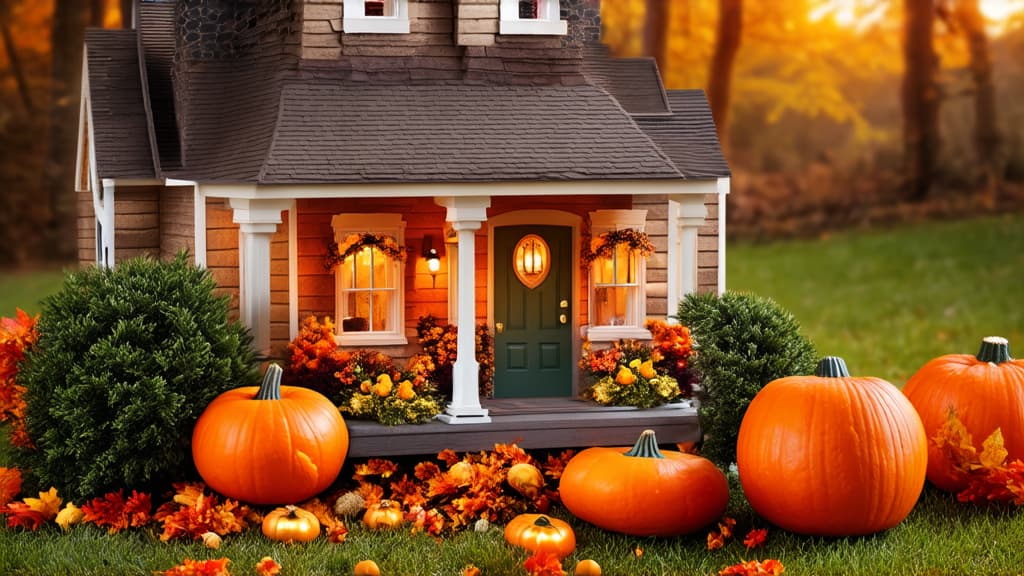  cute and cozy cottage house with fall decorations pumpkins for halloween ar 16:9 {prompt}, maximum details