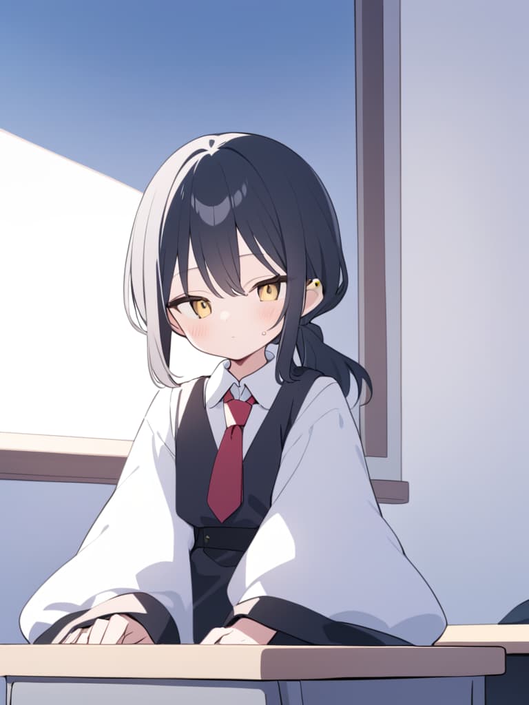  "a high aged with black hair styled in a soft and fluffy 'ufuru' cut. he has multiple piercings on his ears and is wearing a white shirt with a loosely tied tie,along with a black outer jacket with oversized sleeves (moe sleeves). the is one of his eyes with his hand,sitting by the window in a clroom,and appears to be sleeping or just waking up on top of a desk. he has a mix of both cool and cute qualities."