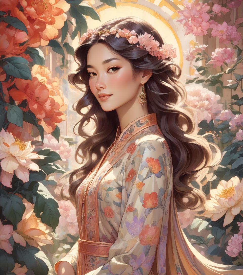  oriental woman sporting a subtle smile amidst an opulent flower garden, imperial hues enveloping the art nouveau inspired floral backdrop, crowned regally, radiant backlighting highlighting her flowing hair, radiant, mythical allure transcending existence, watercolor aesthetic, greg rutkowski's touch, trending on artstation, razor sharp focus, studio setting, elaborate intricacies, volumetric