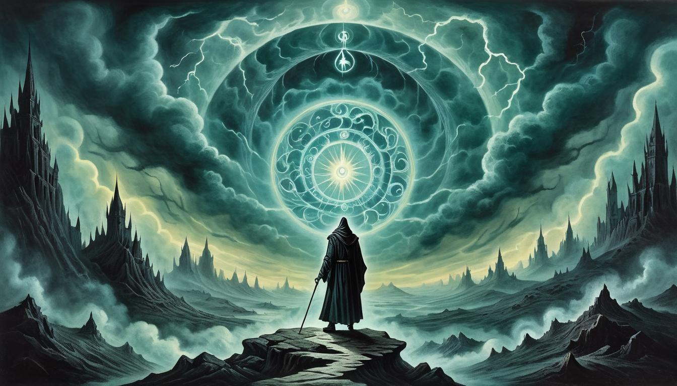  on parchment, surrealism+++, encircling storm of spectral forces, shadowy figures with glowing eyes surrounding a central figure. aura of power, karmic retribution, mystic forces(mysterious, provocative, symbolic,muted color)+++