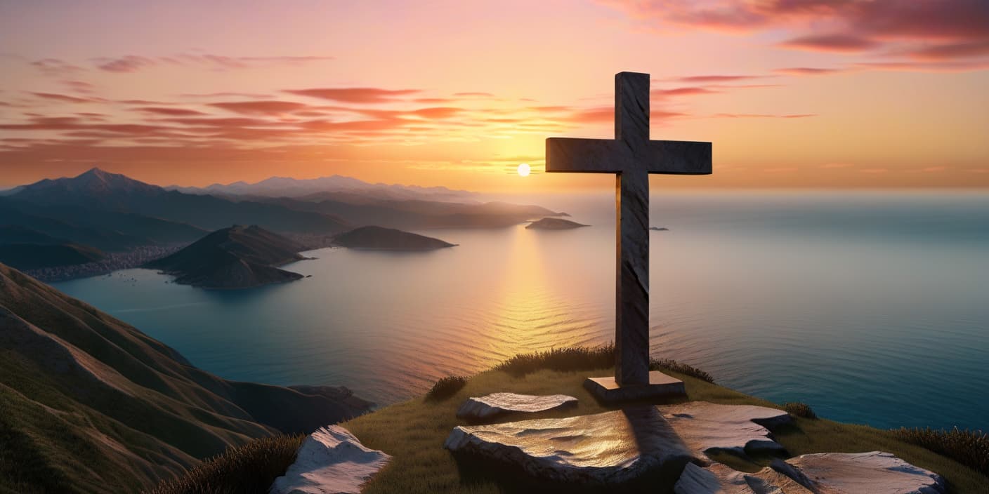  hyperrealistic art christian cross on the mountain with sunset and sea in the background . extremely high resolution details, photographic, realism pushed to extreme, fine texture, incredibly lifelike, film photography style