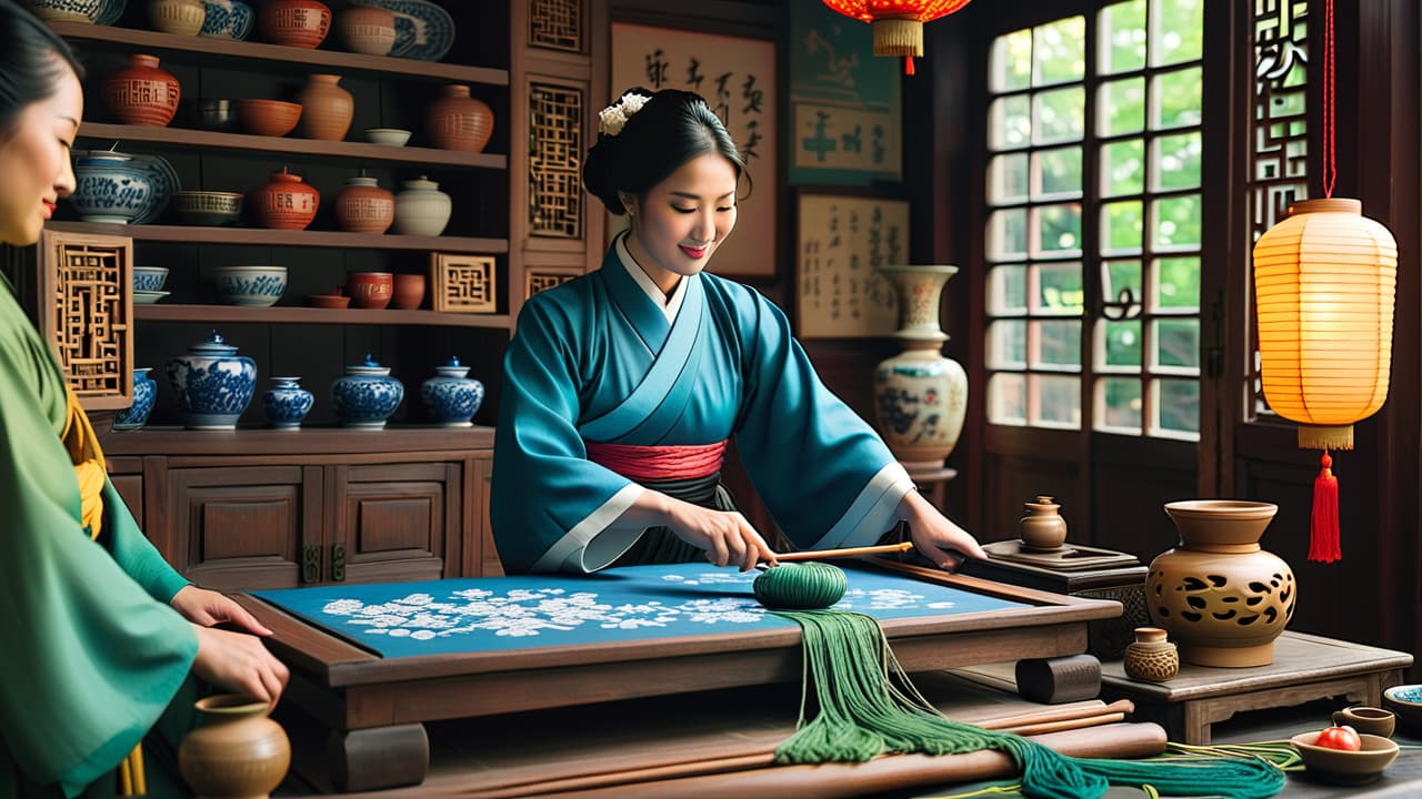  @ image prompt: a vibrant scene showcasing various traditional chinese arts and crafts, including a calligrapher at work, a silk weaver creating fabric, intricate blue and white porcelain pieces, and local artisans crafting wood carvings and jade sculptures, all set against a backdrop of a traditional chinese market. hyperrealistic, full body, detailed clothing, highly detailed, cinematic lighting, stunningly beautiful, intricate, sharp focus, f/1. 8, 85mm, (centered image composition), (professionally color graded), ((bright soft diffused light)), volumetric fog, trending on instagram, trending on tumblr, HDR 4K, 8K