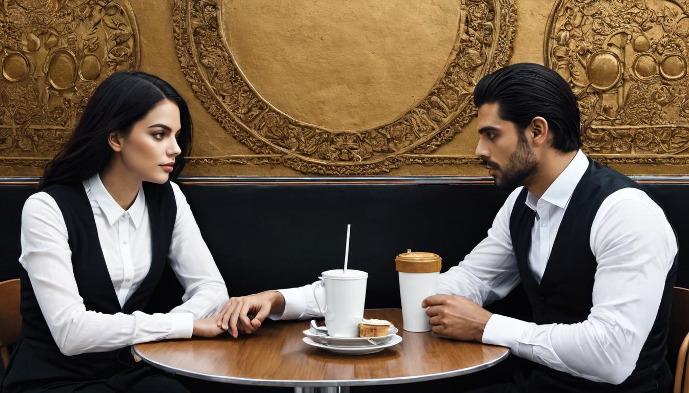  （surrealism)two people, near identical appearance, sitting at a café table, identical clothes and accessories, mirroring each other's body language, sense of imitation, eerie resemblance. mystic, intricate details, best quality)