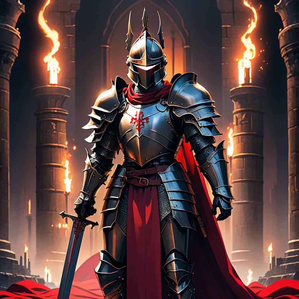  anime artwork a knight in dark armor, with a large steel sword, stands in the middle of a dark castle in a large plan, a number of torches shine dimly against the background, it feels like a knight is guarding this castle, a long scarlet cloth develops from the knight's helmet like a horse tail, three horizontal cutouts on the helmet. from under the helmet, you can see how the scarlet eyes shine. the sharp contours of the armor give it an intimidating appearance. the knight is flanked by rows of armor. dark color palette. . anime style, key visual, vibrant, studio anime, highly detailed, hkmagic hyperrealistic, full body, detailed clothing, highly detailed, cinematic lighting, stunningly beautiful, intricate, sharp focus, f/1. 8, 85mm, (centered image composition), (professionally color graded), ((bright soft diffused light)), volumetric fog, trending on instagram, trending on tumblr, HDR 4K, 8K