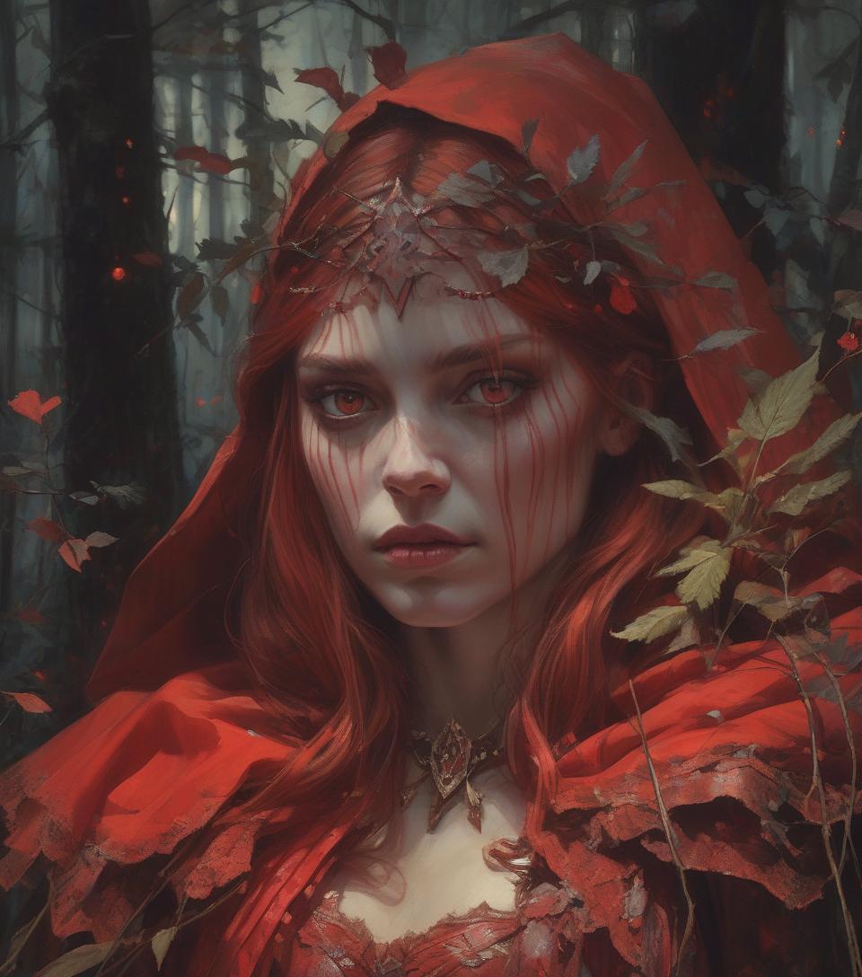  close up shot of red riding good as a warrior princess in the dangerous forest, at night, low saturation color photography, vintage, grunge, top light, masterful painting in the style of anders zorn | marco mazzoni | yuri ivanovich, todd mcfarlane, aleksi briclot, oil on canvas