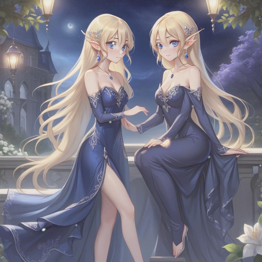  elf girl, blonde long loose hair, deep dark blue eyes, in full growth, translucent night dress, small silver earrings, hairpin, evening, terrace overlooking the gardens