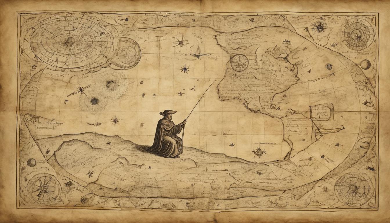  on parchment, surrealism++, a lone traveler with an ancient map, path winding through stars and nebulae, aura of curiosity and determination, unknown destination(mysterious, provocative, symbolic)++