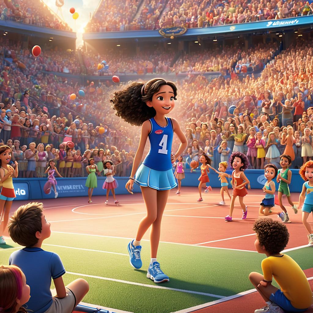  in 3d animated movie style. disney pixar style. paris, 6, energetic in colorful sports dress, matching sneakers. skip, wise in coach attire. mischievous fairies, tricky with fairy wings. netball court alive, spectators cheer as teams compete. pixar 3d animation, vibrant colors, soft lighting. bird's eye view, intense match, fair play, cheering crowd.