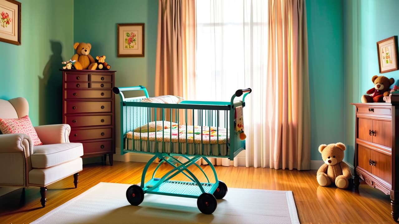  a cozy nursery scene with a gently used crib, a secondhand stroller, and a vintage playpen. soft natural light filters through sheer curtains, highlighting a plush teddy bear and a stack of baby clothes. hyperrealistic, full body, detailed clothing, highly detailed, cinematic lighting, stunningly beautiful, intricate, sharp focus, f/1. 8, 85mm, (centered image composition), (professionally color graded), ((bright soft diffused light)), volumetric fog, trending on instagram, trending on tumblr, HDR 4K, 8K