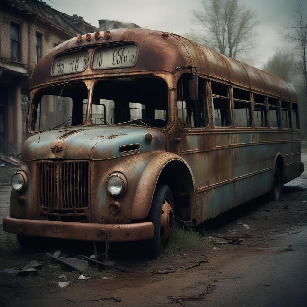  cinematic film still a riddled, rusting bus on the streets of an abandoned town. . shallow depth of field, vignette, highly detailed, high budget, bokeh, cinemascope, moody, epic, gorgeous, film grain, grainy