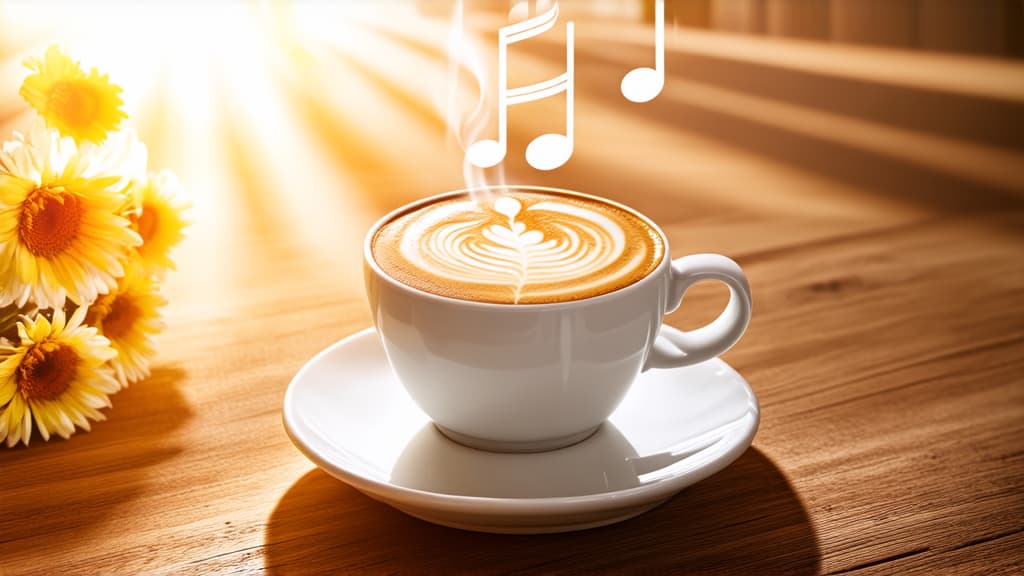  a cup of cappuccino on a wooden table, steam is coming, along with the steam musical notes rise, musical notation, against the rays of sunlight, flowers, very pretty ar 16:9 {prompt}, maximum details