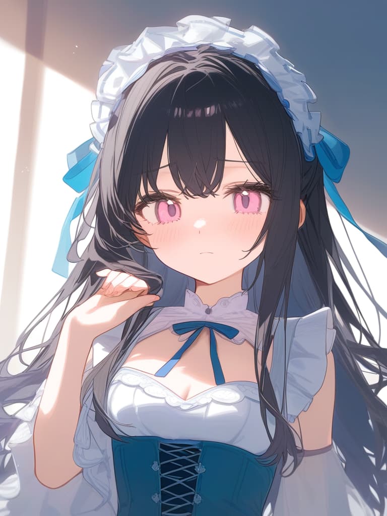  girl,solo,cute face focus,light pink eyes,black hair,headdress,corset,frill onepiece,frill ribbon,long straight hair,cute girl,young,cute color,shy,blue gradation hair color,white eyelash color,