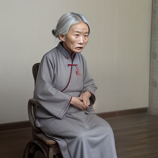  the character, an elderly chinese woman in a simple dress, gray hair.