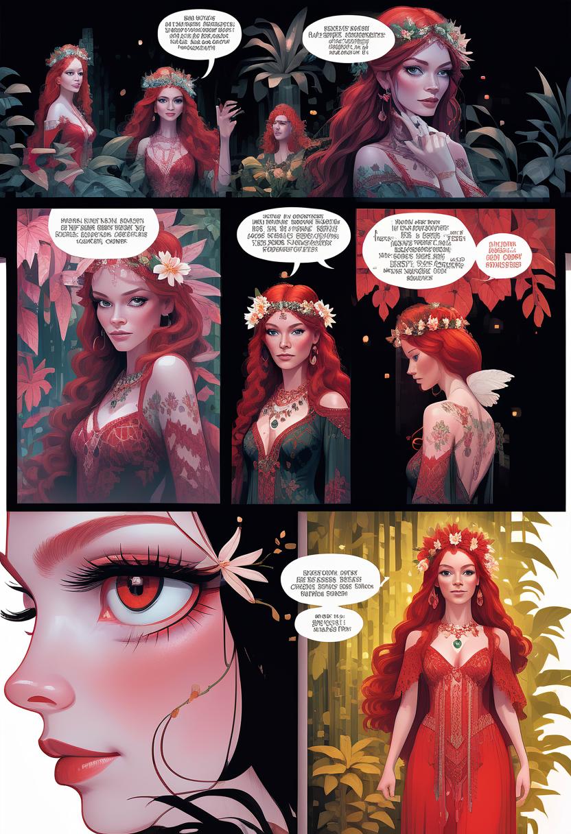  portrait of beautiful red haired bohemian queen wearing red colour lace surrounded by jungle plants and flowers art by mike mayhew and mark brooks and ross tran 8k resolution