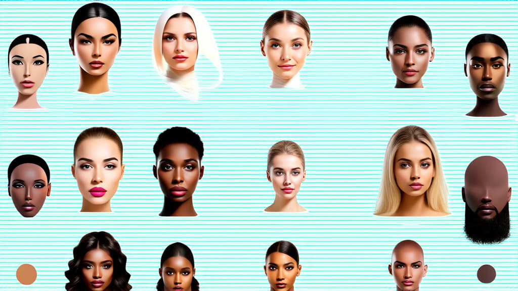  different beauty. set of different female heads on light background. different races and nationalities. ar 16:9, (natural skin texture), highly detailed face, depth of field, hyperrealism, soft light, muted colors