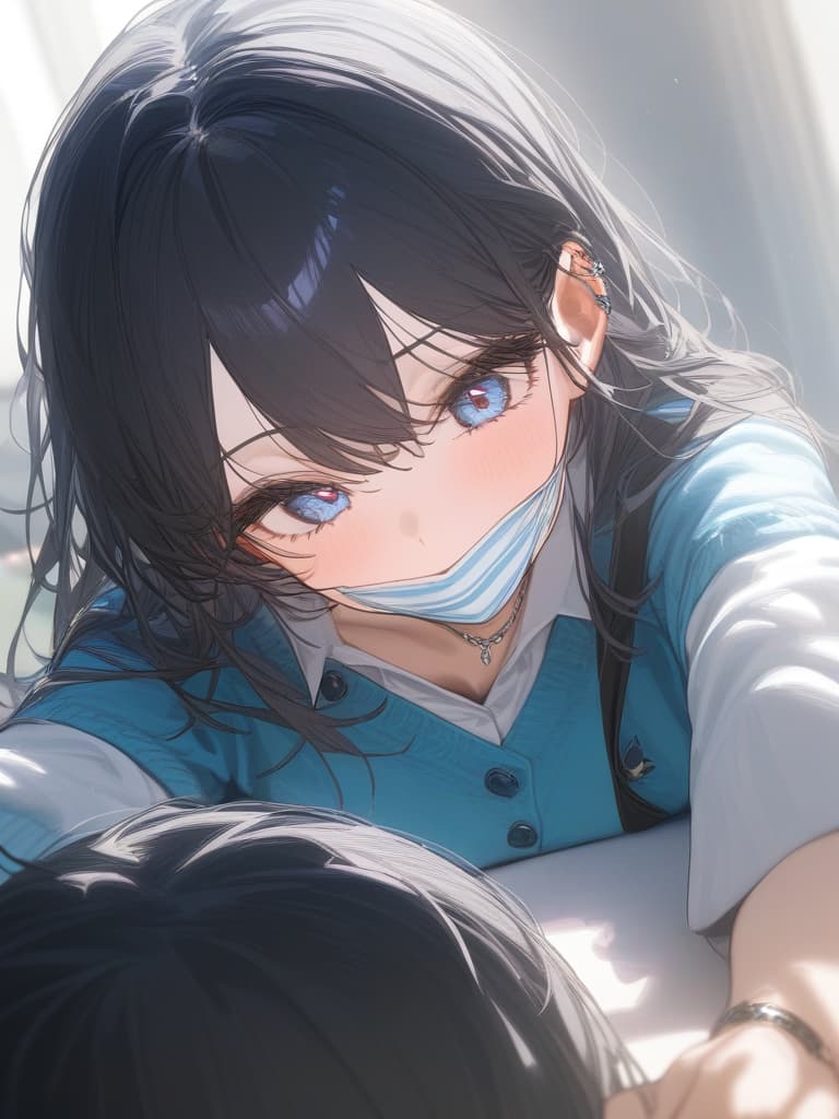  girls, jit eyes, cat eyes, girls, gags, white shirts, blue ribbon uniforms, sweater cardigans, black hair, pierced ring, silver ring, moe sleeve, facing front, masterpiece, best quality,8k,ultra detailed,high resolution,an extremely delicate and beautiful,hyper detail