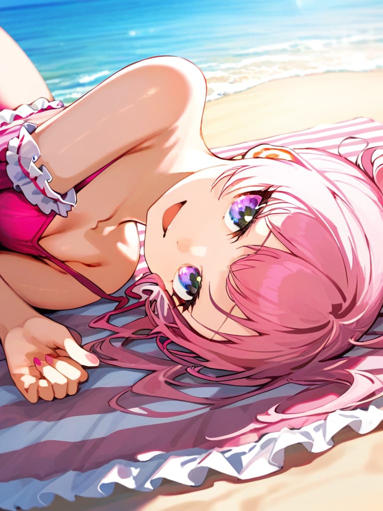  ultra detailed:1.2,masterpiece:1.2,best quality,masterpiece,bestquality,hdr:1.1,8k:1.1,very cute girl:1.3,(pink color,frill ,swimwear:1.6),(lying on side,at striped float bed on sea:1.8) ,smile:1.4 ,(blonde hair,twin tail,drill hair:1.3) ,(on the sea:1.7),upper body:1.3,dutch angel:1.5,open mouth,(upside down:1.7)(from above:1.1)((eyes highlight:1.1))