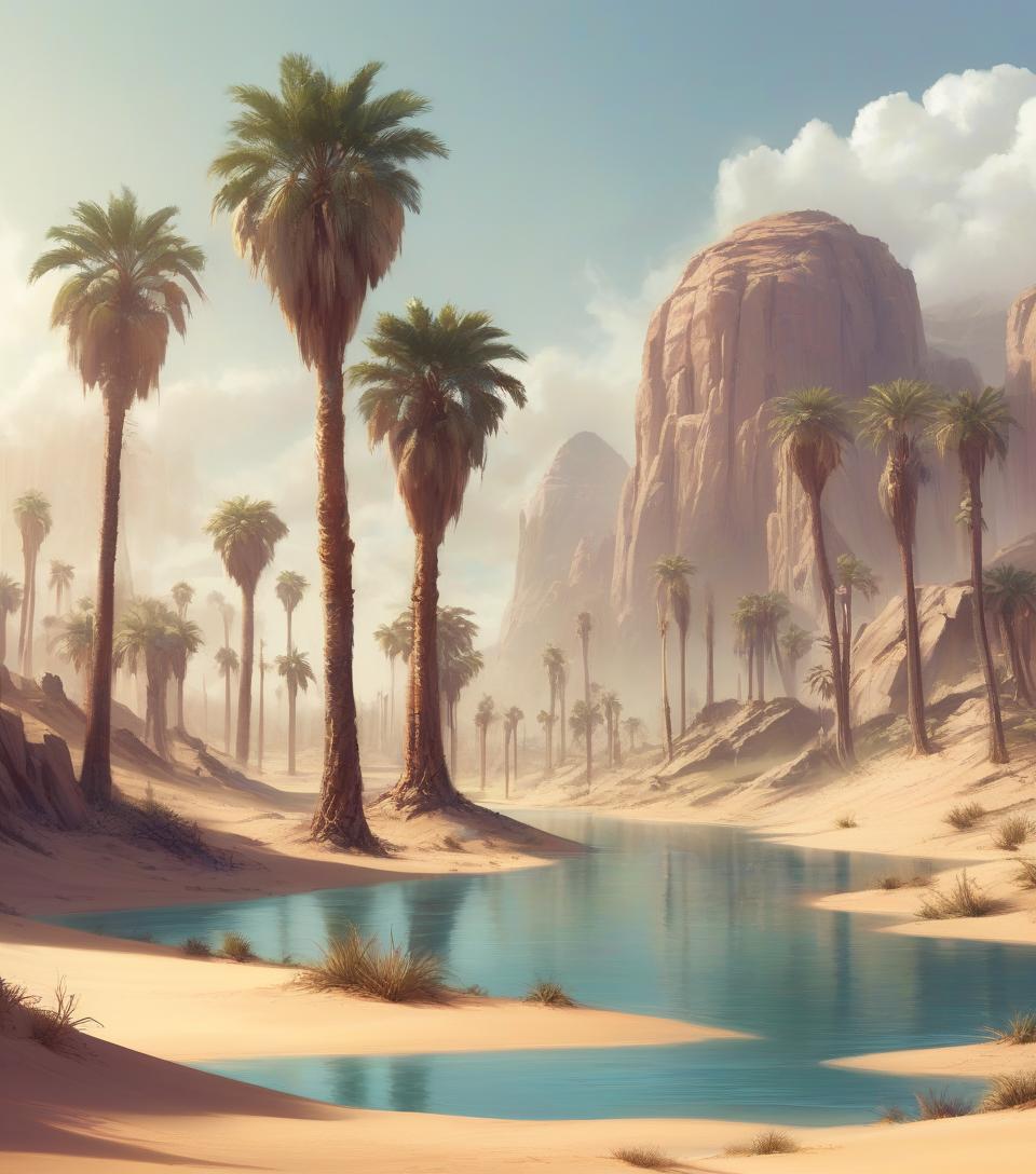  concept art desert oasis in the middle of the desert, beautiful water, desert palm trees, fantasy, realistic . digital artwork, illustrative, painterly, matte painting, highly detailed