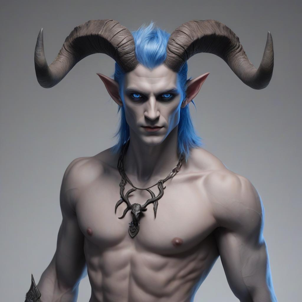  male tifling with gray skin and horns, brown hair, blue eyes,