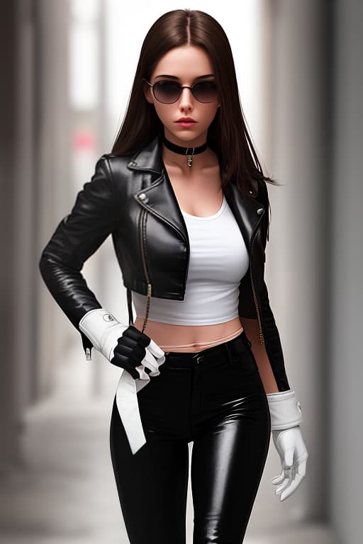  brunette girl, choker around her neck. white t shirt, white leather jacket, gloves on her hands, black pants, black boots. undercover agent