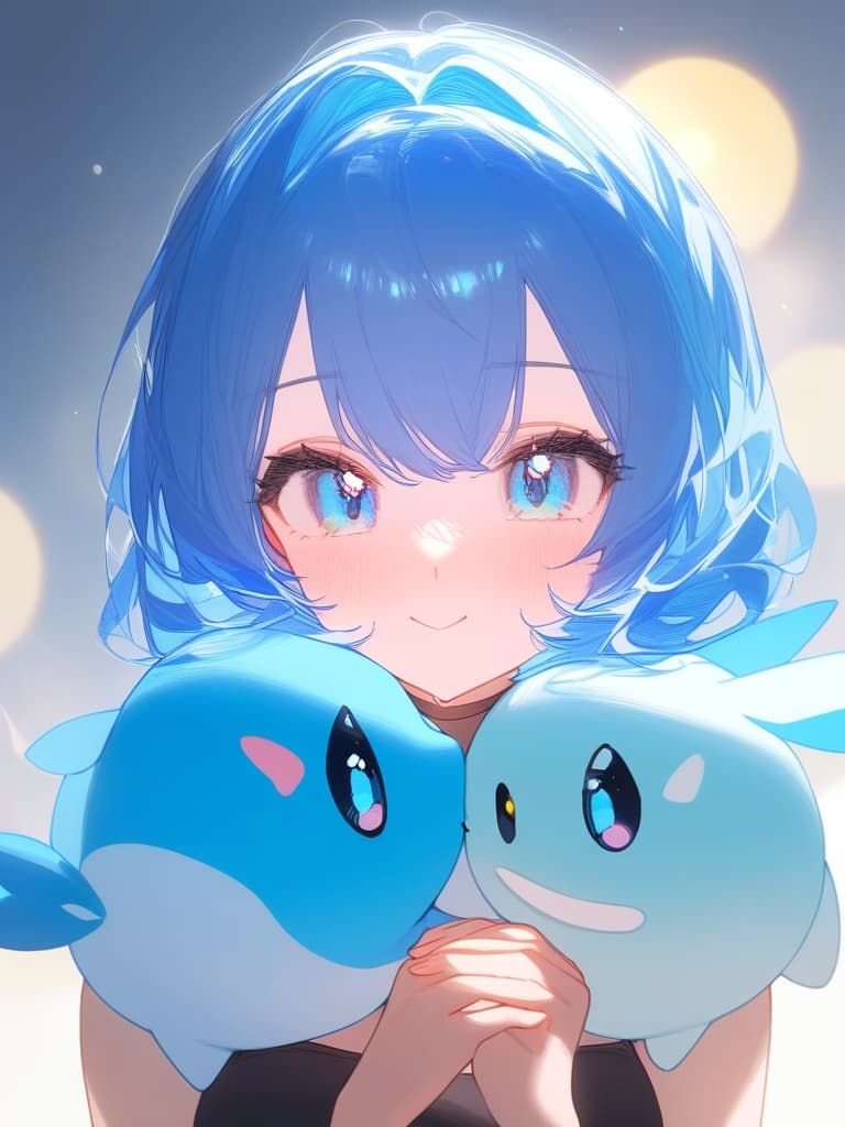  1girl,blue hair,light blue eyes,bob hair,cute face,face focus,pokemon trainer(creature),& glaceon グレイシア,🧊❄️,two shot,glaceon,kawaiitech,pastel colors,kawaii,cute colors,