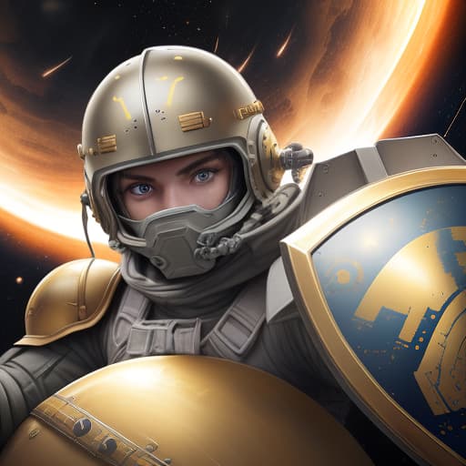  warrior in a helmet with a shield with golden eyes in space paratrooper armor