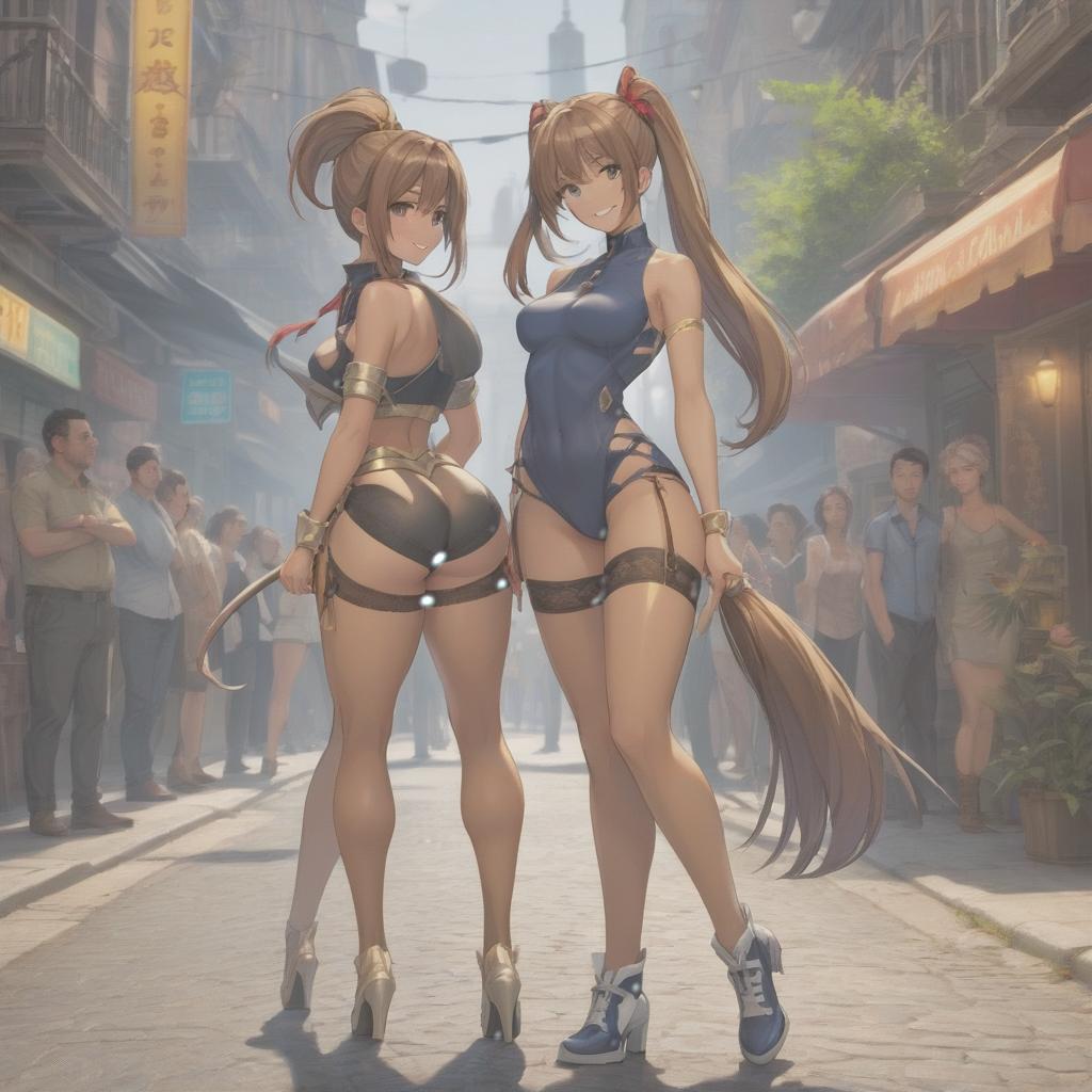  in full growth + highly detailed + girl + tanned skin + skinny + stockings + long legs + ponytail hair + a sly squint + smile + smirk + l(character, front, side and back views concept art) + artwork + colored + 8k + hdr hyperrealistic, full body, detailed clothing, highly detailed, cinematic lighting, stunningly beautiful, intricate, sharp focus, f/1. 8, 85mm, (centered image composition), (professionally color graded), ((bright soft diffused light)), volumetric fog, trending on instagram, trending on tumblr, HDR 4K, 8K