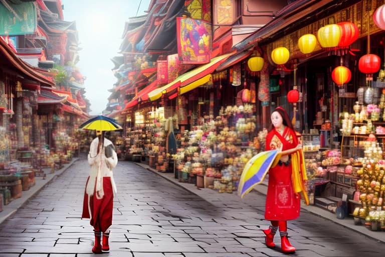 redshift style image of Kagura from Mobile Legends, dressed in Khmer traditional clothes with silver jewelry, holding a yellow umbrella while walking along a street market with a cute duck. The duck is wearing red boots and a red hat and is holding a small yellow umbrella that is not yet open. The scene includes the Angkor Wat temple in the background, and Kagura has long white hair with red highlights in the front. She is talking to a shop owner, and the shop has a sign that says "Happy Moon Festival." I'll create this image for you.