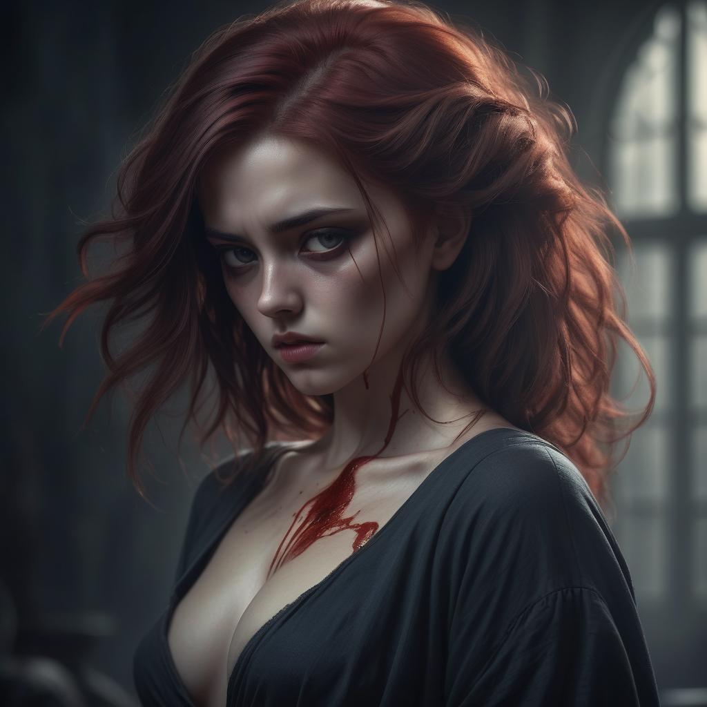  a girl with a brooding look, bloody hair, graceful and beautiful figure, high detail, soft light, artistic style, mysterious atmosphere