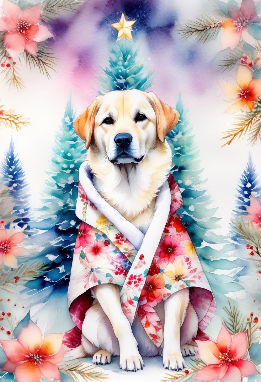  fairy tale christmas trees with cones, dog labrador in a kimono, (double exposure: 1.4). (soft textured paper). alcohol ink of (bright) flowers. the incompleteness effect. tenderness of watercolors, winter, delicate colors. thin white lines. emotion. light relief pattern. . magical, fantastical, enchanting, storybook style, highly detailed