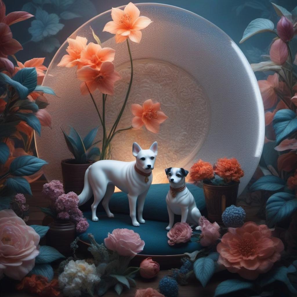  Still life with a beautiful porcelain dog. hyperrealistic, full body, detailed clothing, highly detailed, cinematic lighting, stunningly beautiful, intricate, sharp focus, f/1. 8, 85mm, (centered image composition), (professionally color graded), ((bright soft diffused light)), volumetric fog, trending on instagram, trending on tumblr, HDR 4K, 8K