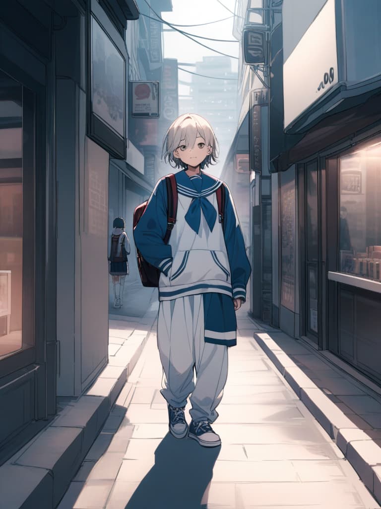  men's junior high student (male ), sailor suit, mini , short hair, cute smile, backpack, ultra long loose socks, bottom sneakers, transveses, in the city