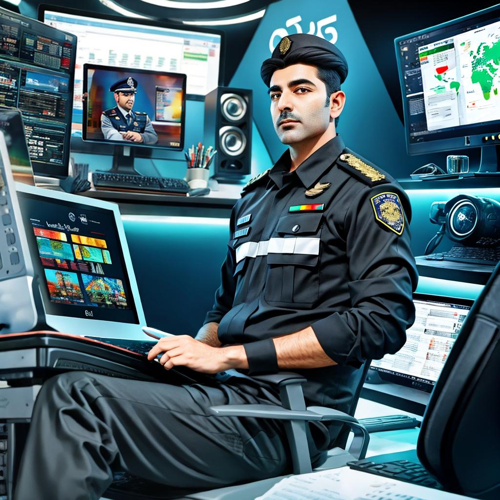  an iranian police officer sitting behind a computer desk front view with cyber background, award winning, professional, highly detailed, masterpiece