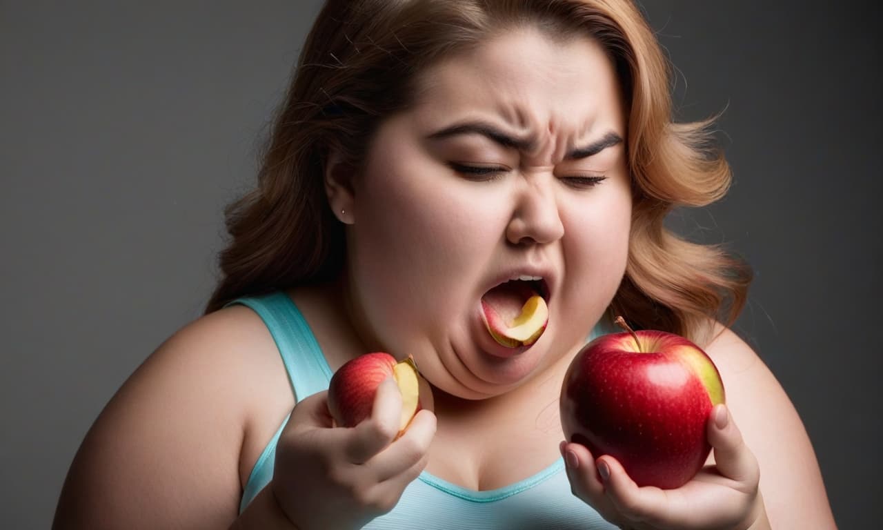  a fat girl with an angry face bites off an apple that she holds with her right hand