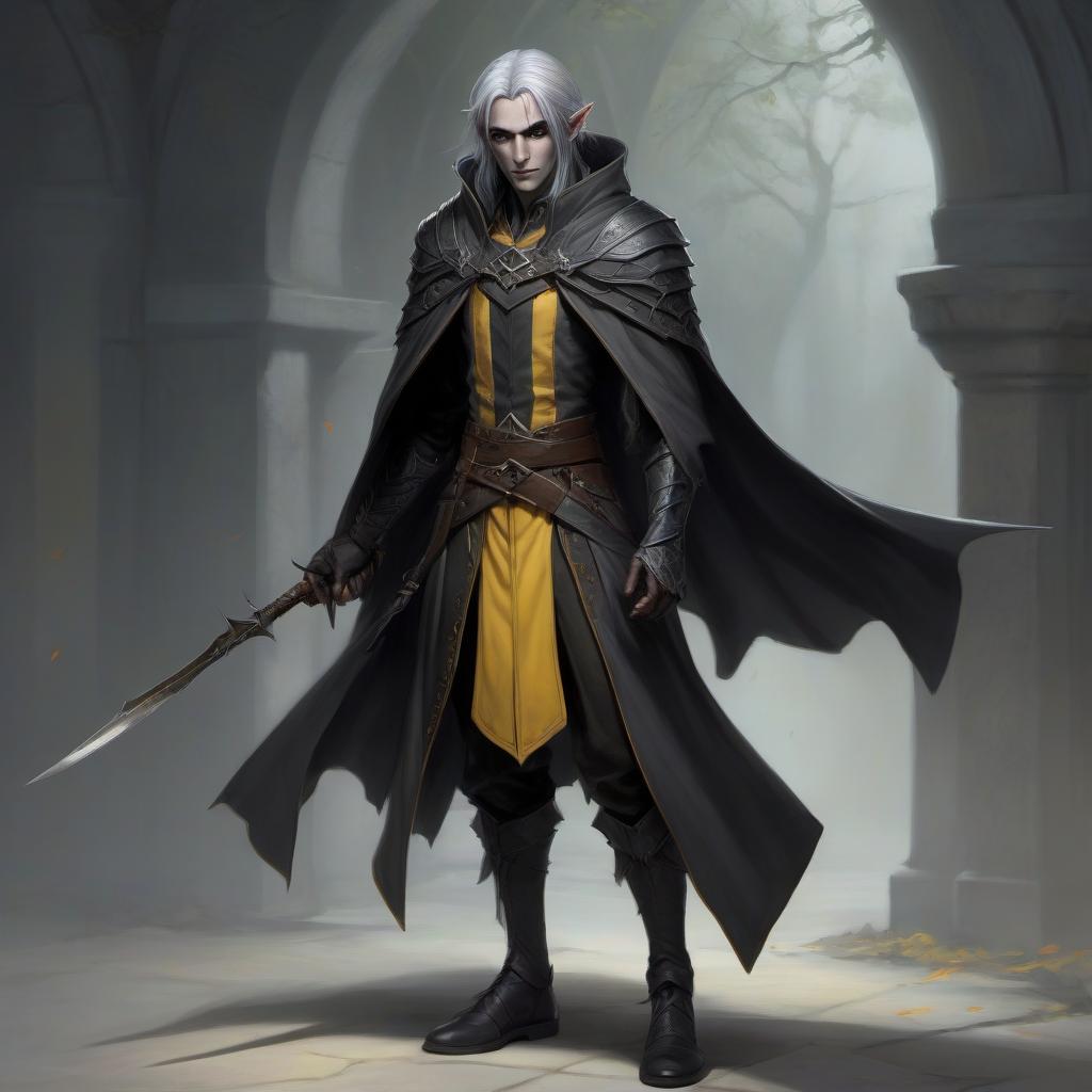  pathfinder, half elf drow, man, dark gray cloak, black shoes, short dark throwing knives in his hands, dark gray hair, dark yellow eyes, calm look