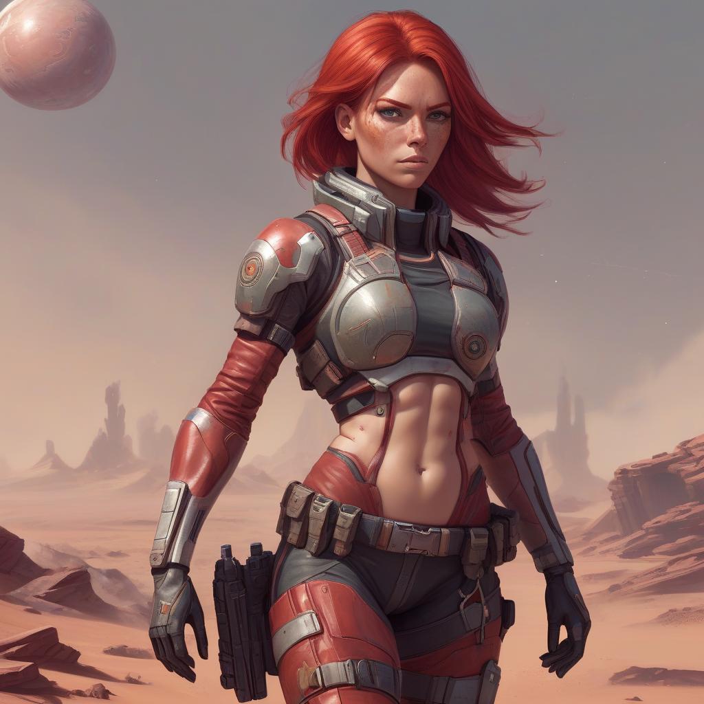  draw a full length female character, athletic build, red hair, the character lives on a distant colonized planet, specialization mercenary