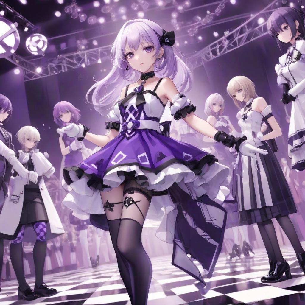  anime artwork the girl is beautiful at the fashion show clothing: purple white dress with patterns, unusual black necklace, purple white thin gloves, checkered purple white stockings, black bracelet, black earrings, black shoes . anime style, key visual, vibrant, studio anime, highly detailed