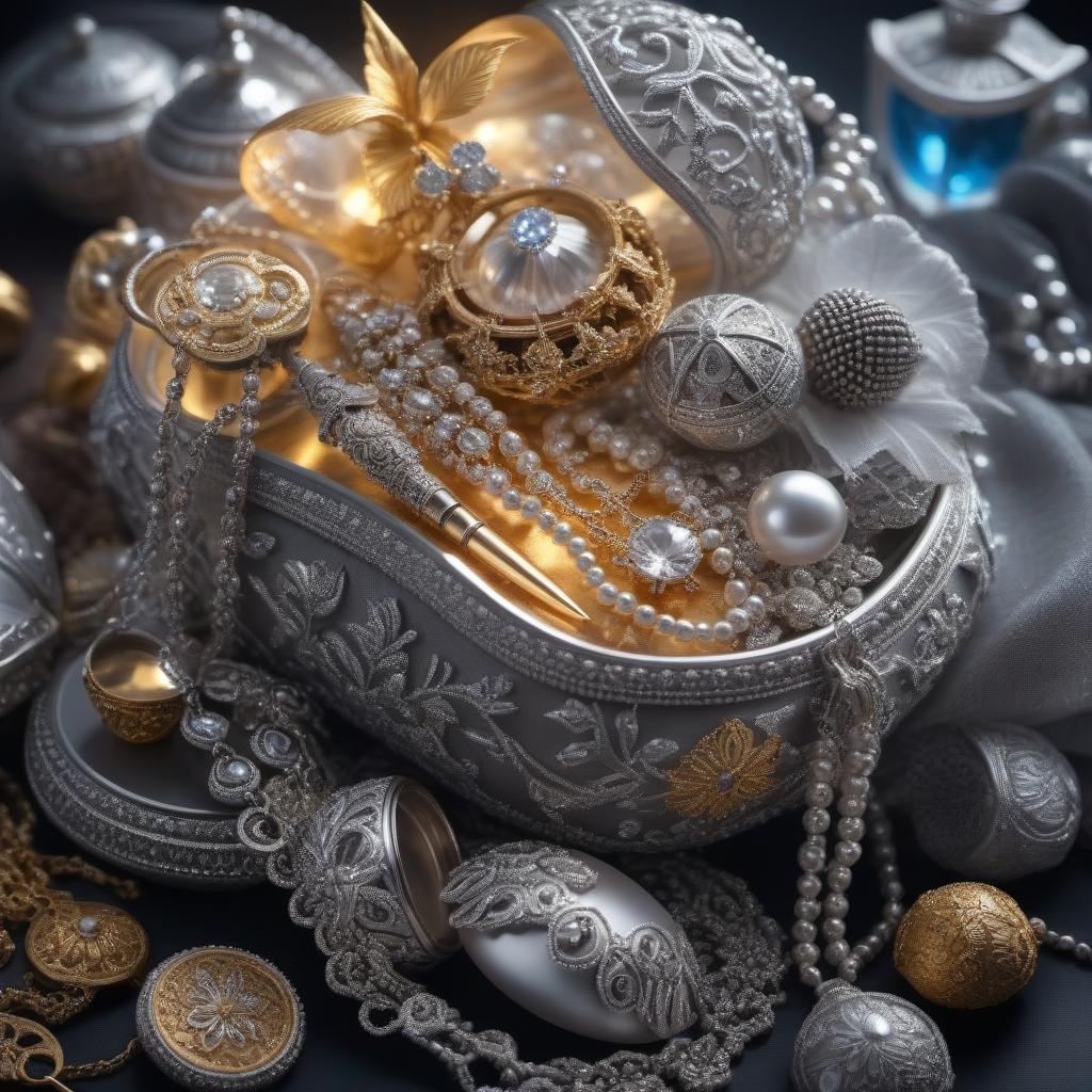  A pile of treasures; a study in silver tones. hyperrealistic, full body, detailed clothing, highly detailed, cinematic lighting, stunningly beautiful, intricate, sharp focus, f/1. 8, 85mm, (centered image composition), (professionally color graded), ((bright soft diffused light)), volumetric fog, trending on instagram, trending on tumblr, HDR 4K, 8K