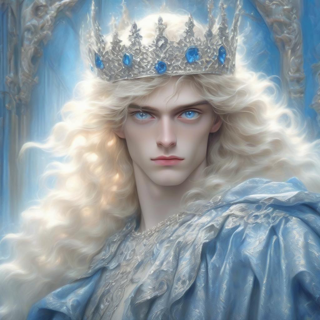  dreamscape young aristocrat with long blonde hair, silver crown on his head, clear blue eyes, pale skin, beauty aesthetics, majestic look . surreal, ethereal, dreamy, mysterious, fantasy, highly detailed