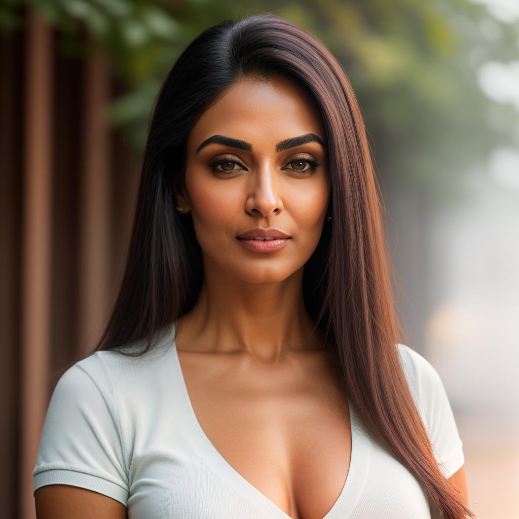  (((realistic full torso frontal head shot of a light brown to medium brown skin tone woman))), meera aishwarya patel, ((indian heritage)), mature face, hazel eye color, ((straight hair style)), ((black hair color)), ((athletic body type)), medium size, big size, (mature broad flat nose), (mature high cheekbones), (mature soft jawline), (mature medium lips), (mature prominent forehead), (mature symmetrical face), (mature arched eyebrows), standing straight looking directly into the camera,((wearing fitted polo shirt with deep v neck and monogrammed pocket)), backyard in background, 1, best quality, highest quality, award winning photo, masterpiece, raw, professional photography, photorealism, sharp focus, cinematic, high hyperrealistic, full body, detailed clothing, highly detailed, cinematic lighting, stunningly beautiful, intricate, sharp focus, f/1. 8, 85mm, (centered image composition), (professionally color graded), ((bright soft diffused light)), volumetric fog, trending on instagram, trending on tumblr, HDR 4K, 8K