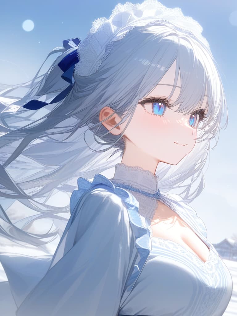  girls, white skin, light blue kimonos, light blue eyes, blue eyes, white gradation hair color, long hair, meiji, snow, cute face, frill lace, headdress, solo, masterpiece, best quality,8k,ultra detailed,high resolution,an extremely delicate and beautiful,hyper detail